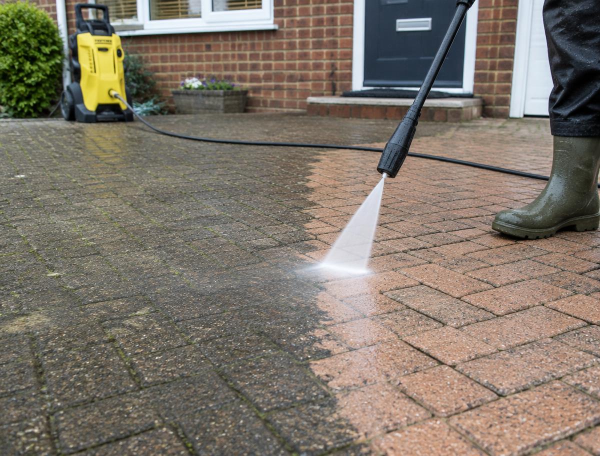 Block paving driveway being pressure washed