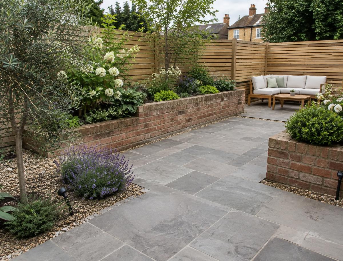 Natural stone patio with brick planters and timber fencing in a Leeds garden