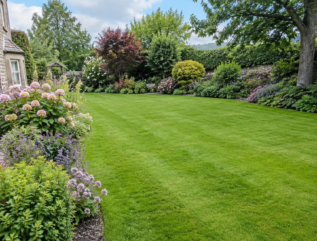 Freshly turfed lawn with colourful planted borders